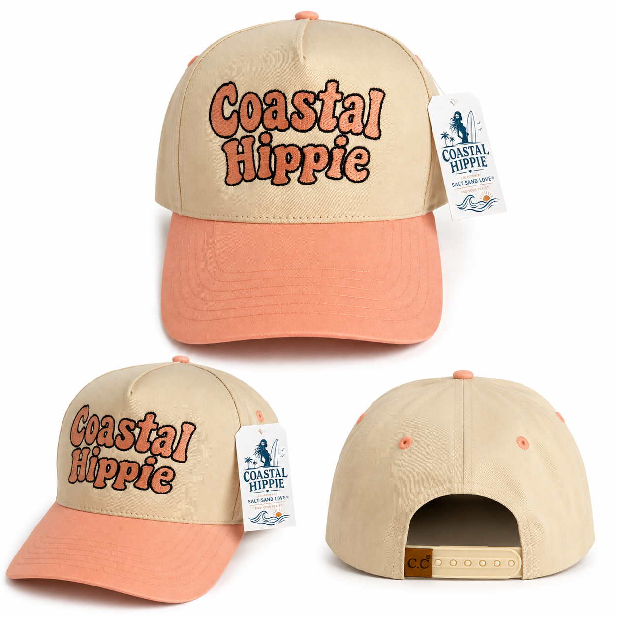 Coastal Hippie Embroidered Snapback Hat – Peach + Sand